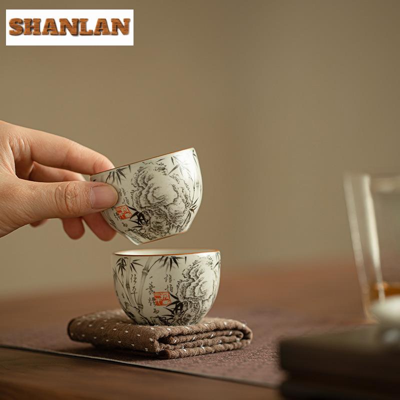 60ml Ru Kiln Ink Bamboo Tea Cup Boutique Gracked Glaze Master Cup Small Tasting Mug Tea Bowl Tea Pair Meditation Cup Teaware 1pc