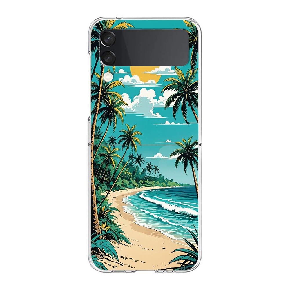 Phone Cover For Samsung Galaxy Z Flip 7 6 5 4 Case Transparent For Samsung Z Flip 3 Hard PC Foldable Sunset Coconut Tree Pattern