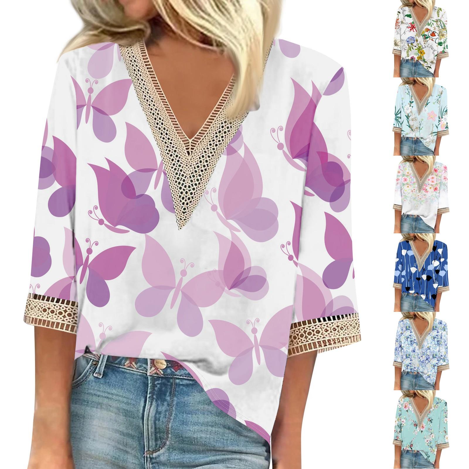 

Женская рубашка-блузка Повседневные свободные рубашки с рукавами 3/4 и кружевной отделкой Топы с v-образным вырезом и принтом Топы с принтом Футболки Футболки