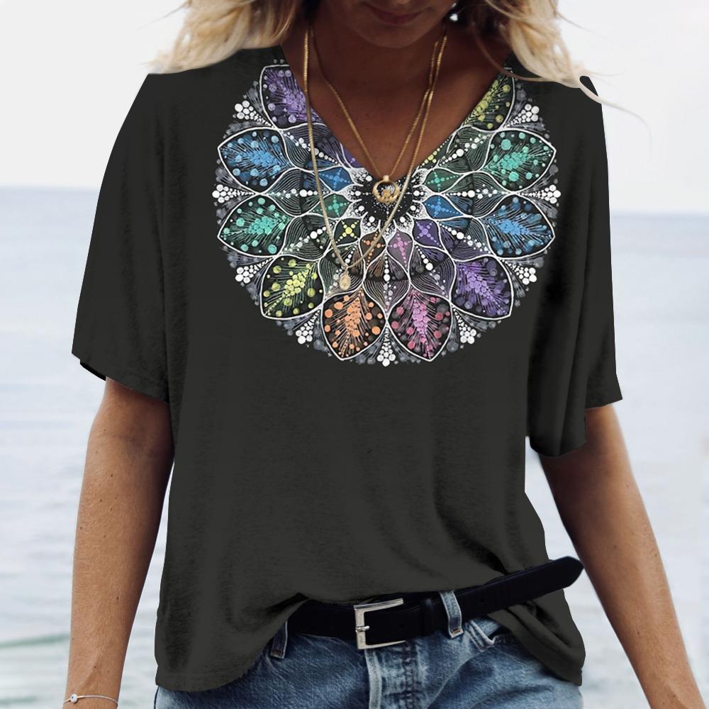 Summer Mandala Gradient 3D Print T-shirt Women Streetwear Fake GlitterT Shirts Tops Woman V-Neck Tees Oversized Clothing