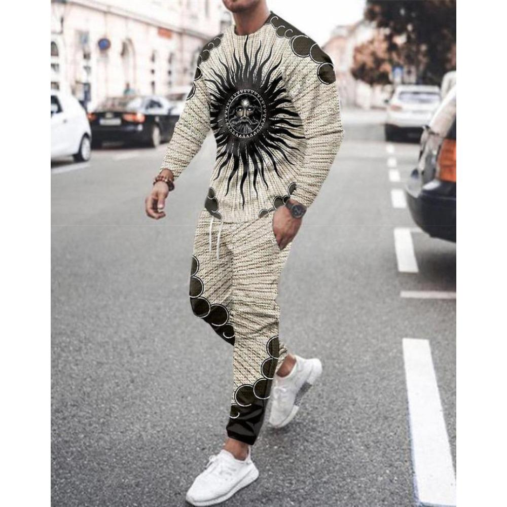 New Men's Long Sleeve T-Shirts Sets Abstract Pattern 3D Print Sports T-Shirt Pants Suit Fashion Tracksuit 2-Piece Jogger Outfits