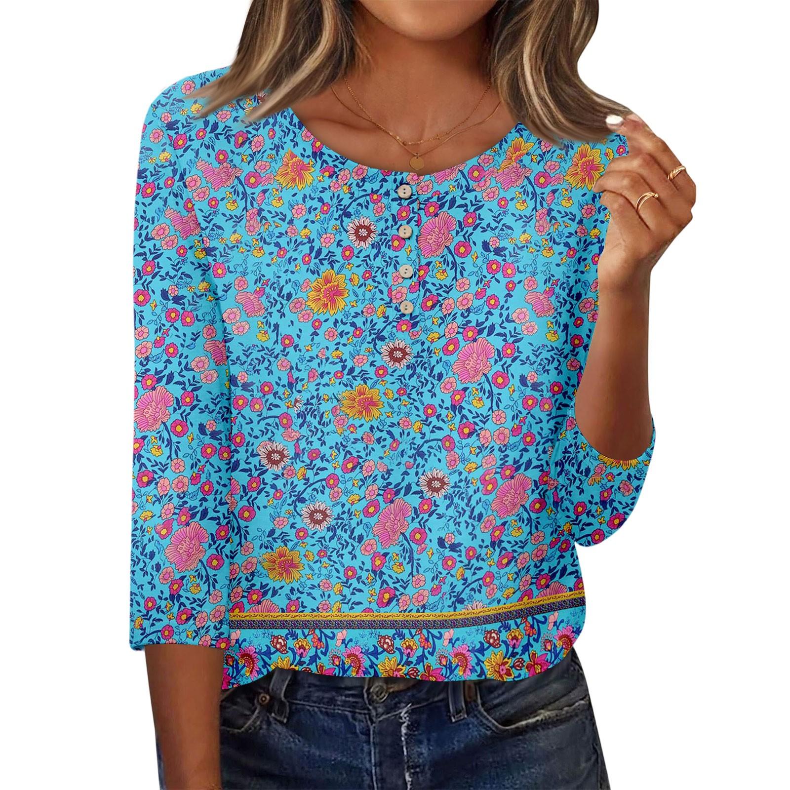 

3/4 Sleeve Shirts For Women Button Down Shirt Top For Women Half Button Down Print Graphic Blouse XL