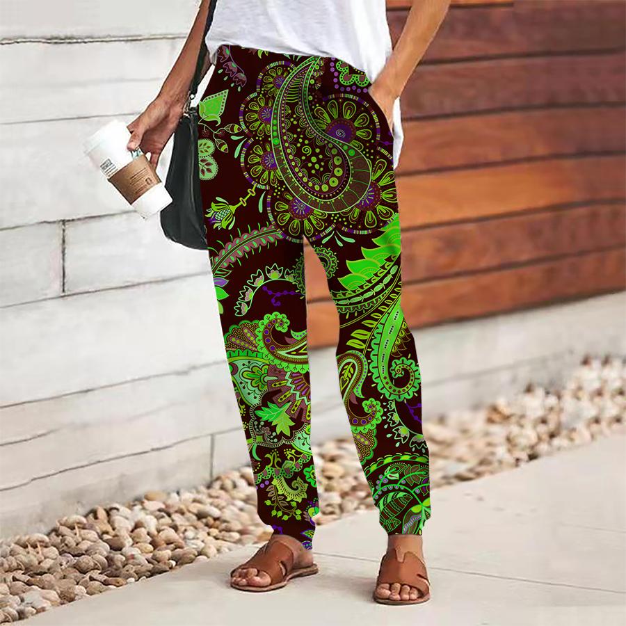 Pantaloni retro cu imprimeu pentru femei Șiret Talie elastică Largi Pantaloni casual Lungi Pantaloni cu buzunare