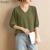Women Elegant Casual V-Neck Solid Color Loose 3/4 Sleeve Blouse