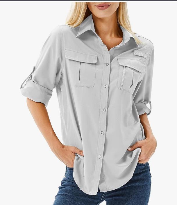 Camicia da esterno da donna 2025 ad asciugatura rapida, elasticizzata, multi-tasche, protezione UV, traspirante