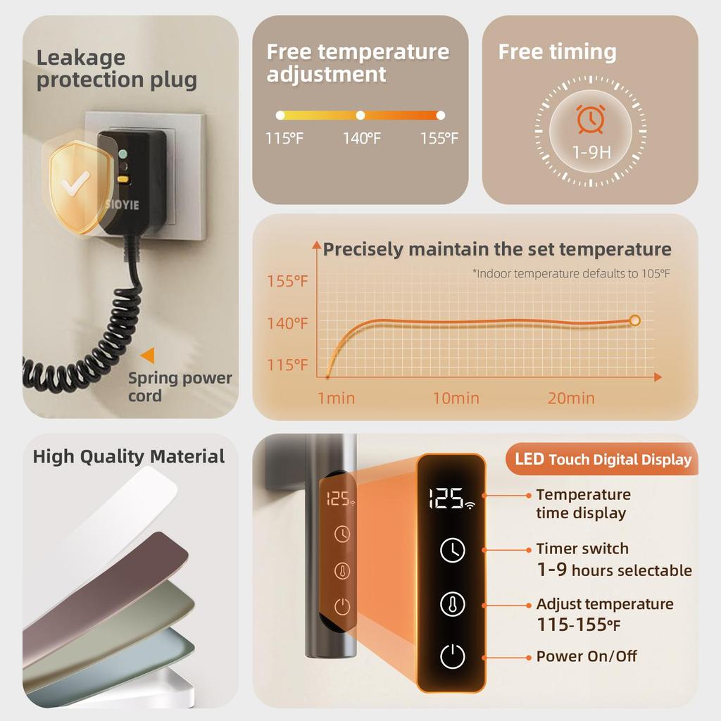 SIOYIE Electric Heated Towel Rack, Rotating Towel Warmer, Smart Bathroom Radiator, Plug-In/Hardwired Heater