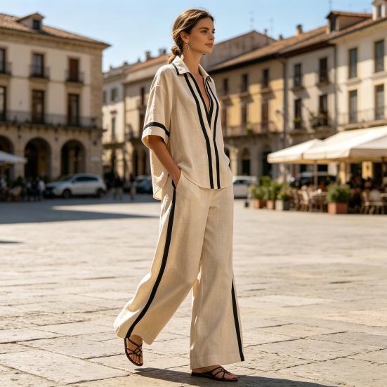 Conjuntos de 2 Peças Color Block para Mulheres Camisas de Manga Curta com Decote em V Profundo e Calças de Perna Larga Conjuntos de Verão para Relaxar