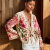 Bohemian Vintage Large Floral Print Tie Front Cardigan Women Fall Long Sleeve V-Neck Open Front Romantic Lazy Style Layering Piece