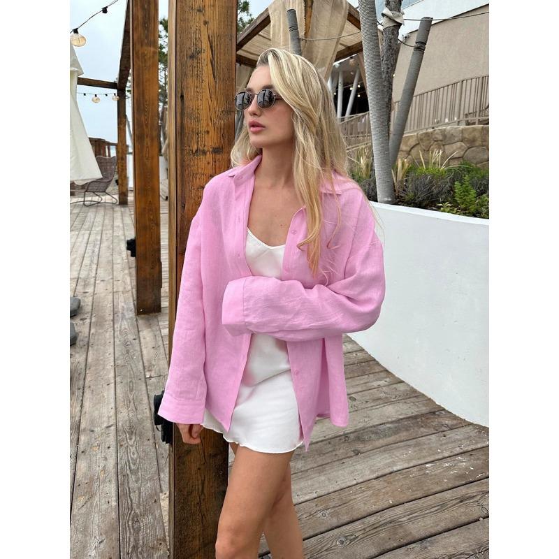 

Женская летняя новая модная однотонная рубашка с длинным рукавом и карманами, свободная повседневная куртка XL розовый