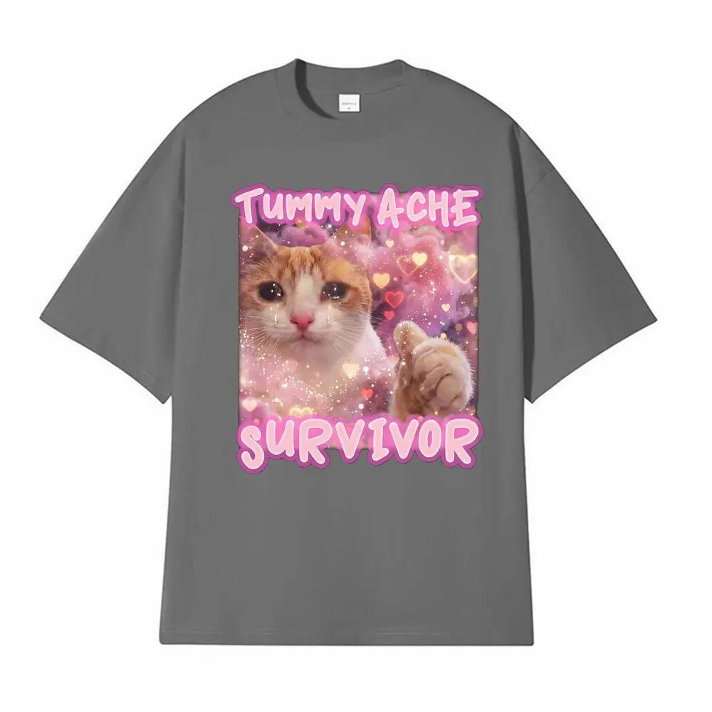 Stomach Ache Survivor Funny Cat Emoji Graphic TShirt Unisex Trendy Vintage Cartoon Humorous Street Style 100 Cotton TShirt