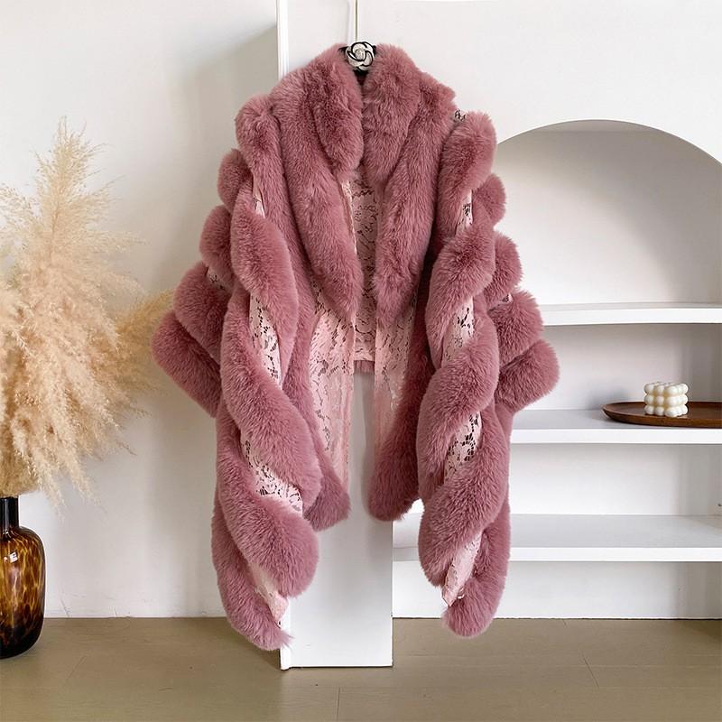 2026 Fall Winter Faux Fox Fur Lace Patchwork Mid-length Shawl Coat Women Trendy