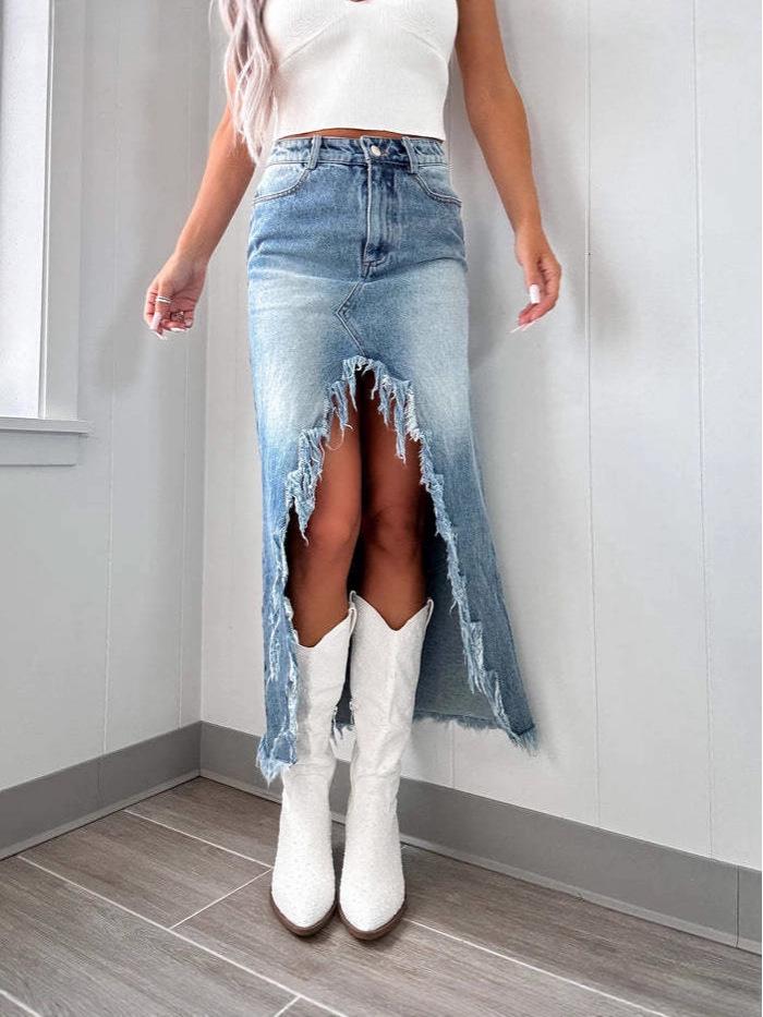 High-Waisted Irregular Frayed Hem Vintage Washed Denim Midi Skirt - Spring 2025 Collection