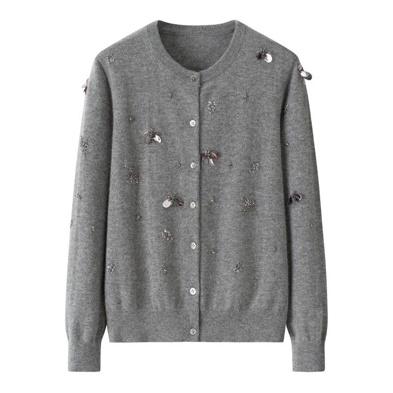 100% Pure Cashmere Loose Sequin-Beaded Sweater Coat - Women's Autumn Long-Sleeve Top