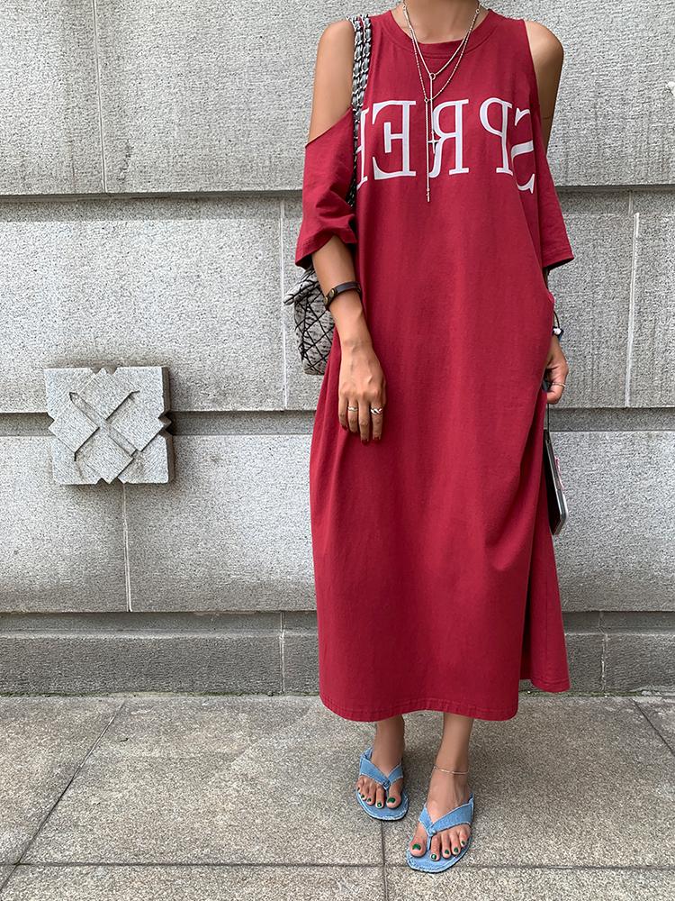 Plus Size Women's Summer Off-shoulder Loose Dress Letter Printing Casual Long T-Shirt Dresses