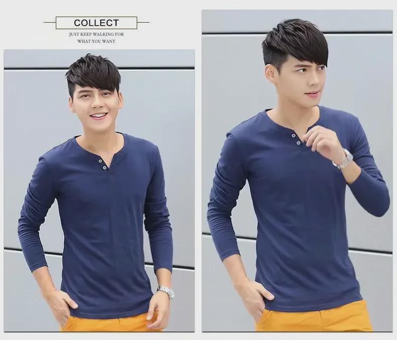 Men's Korean Style V-neck Two-Button Long-Sleeve Slim-Fit Cotton T-Shirt