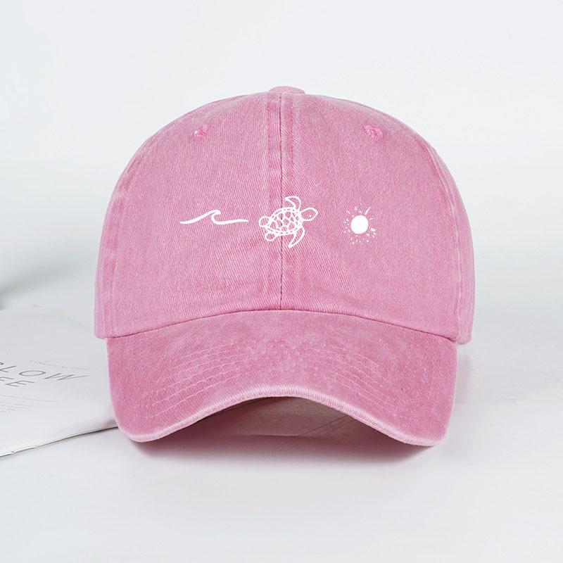 Retro Washed Baseball Cap With Wave, Turtle, And Sun Print – Unisex Adjustable Dad Cap – Summer Beach Sun Hat
