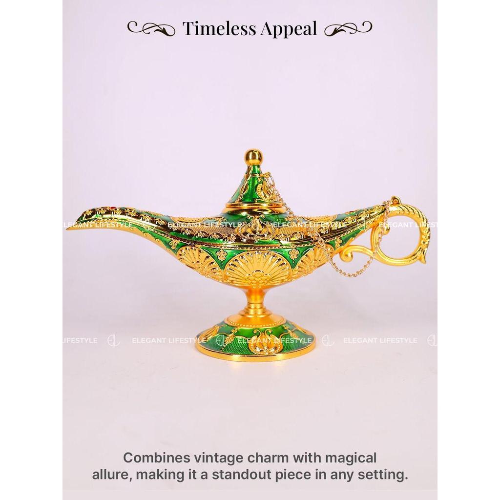 Vintage Aladdin Chirag Lamp-Luxurious Metal Jewelry Box,Decorative Showpiece,Home & Office-12 cm(Gold-Green)
