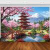 Japanese Cherry Blossom Backdrop, Spring Floral Snow Mountain Courtyard Photography Background Decorations, Asian Theme