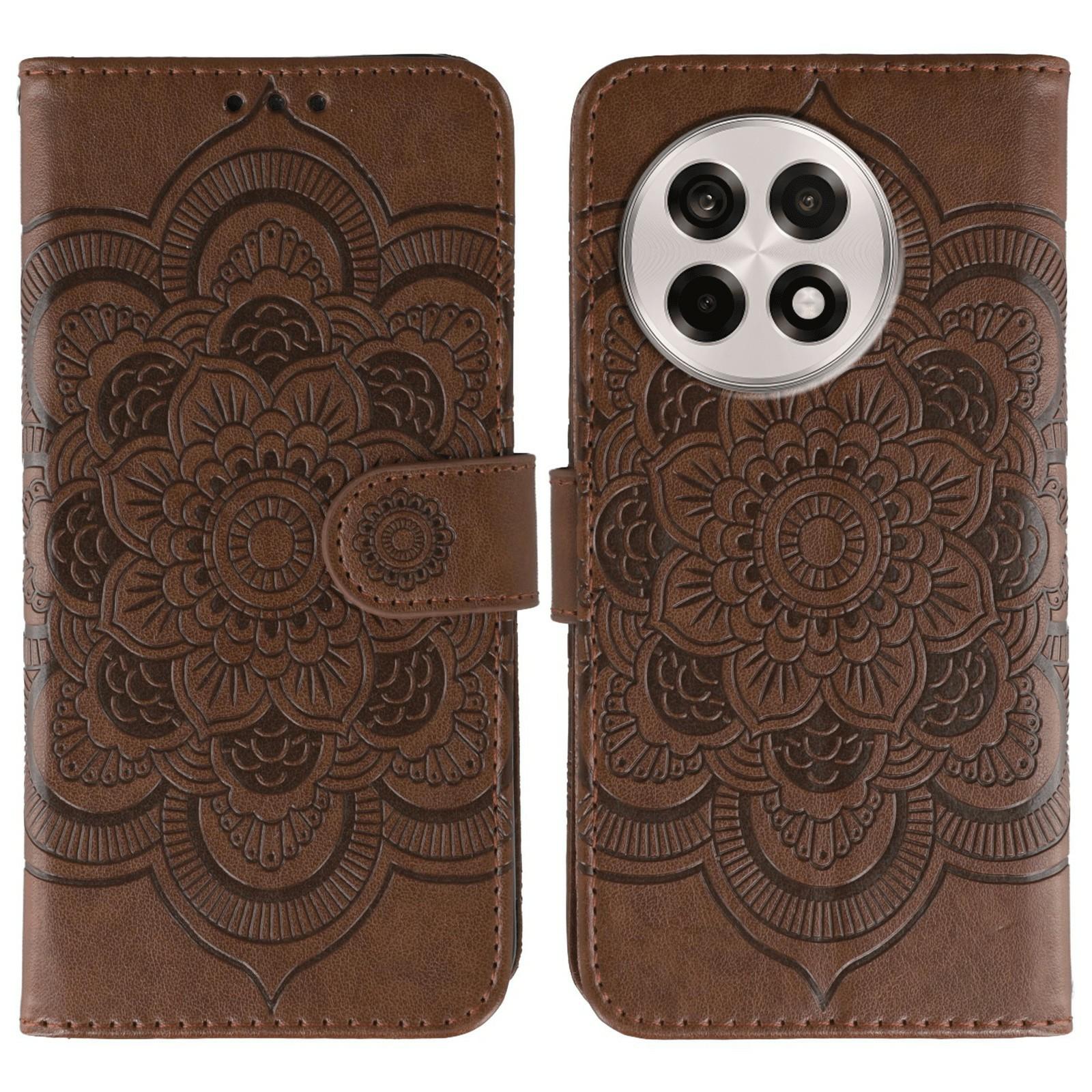 

For OnePlus Ace 5 5G/Ace 5 Pro 5G/13R 5G Case PU Leather Mandala Imprinted Design Wallet Phone Cover with Wrist Strap Brown