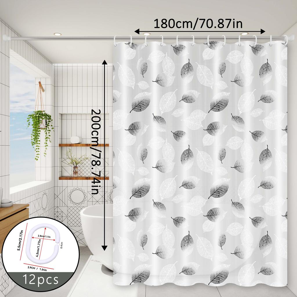 Simple and Fresh Leaf-Patterned Bathroom Shower Curtain, Blocking and Separating Areas, Quick-Drying and Washable