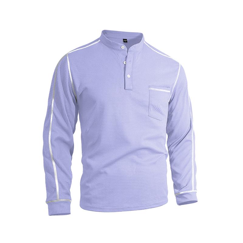 New Men's Waffle Long-sleeved Shirt with Patch-style Buttons, Henry Collar, Pocket-style Casual Outdoor Sports Men's Polo Shirt