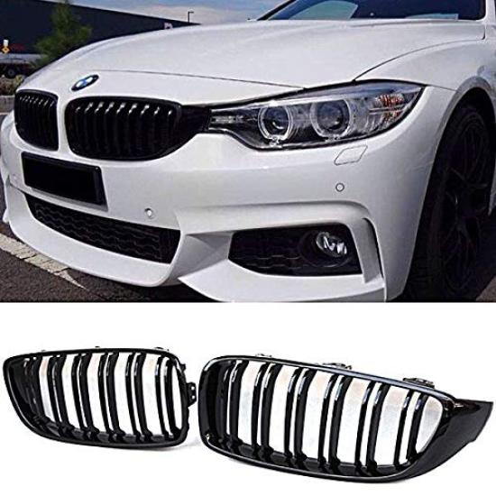 Wellvie 4 Series Kidney Grille M4 F32 F33 F36 F80 F82 F83 M Sport Compatible with Logo Glossy Black Double Fin Exterior Parts Custom Dress Up Car
