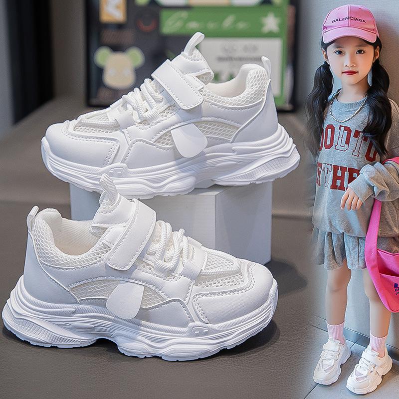 New summer white sneakers for children, dad shoes for boys and girls, breathable mesh Velcro running shoes, trendy