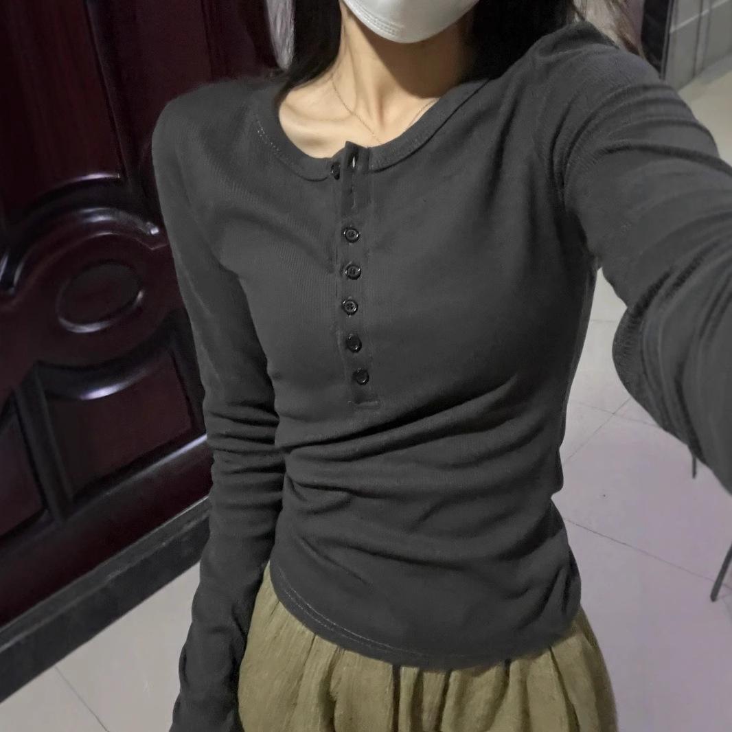 

2025 Spring Women s Slimming Gray Round Neck Long Sleeve T-Shirt Small