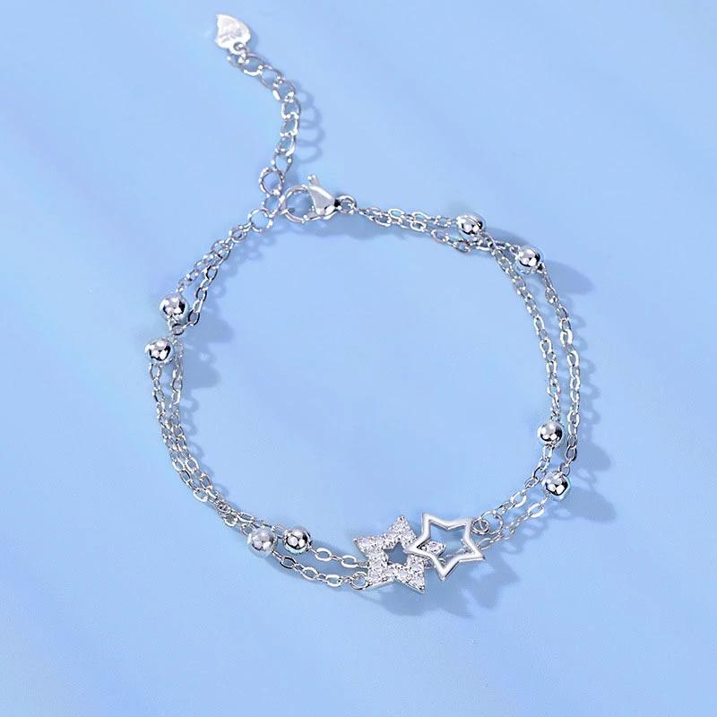 VENTFILLE 925 Sterling Silver Star Bracelet Fashion Korean Five-pointed Star Crystal Double Bracelet