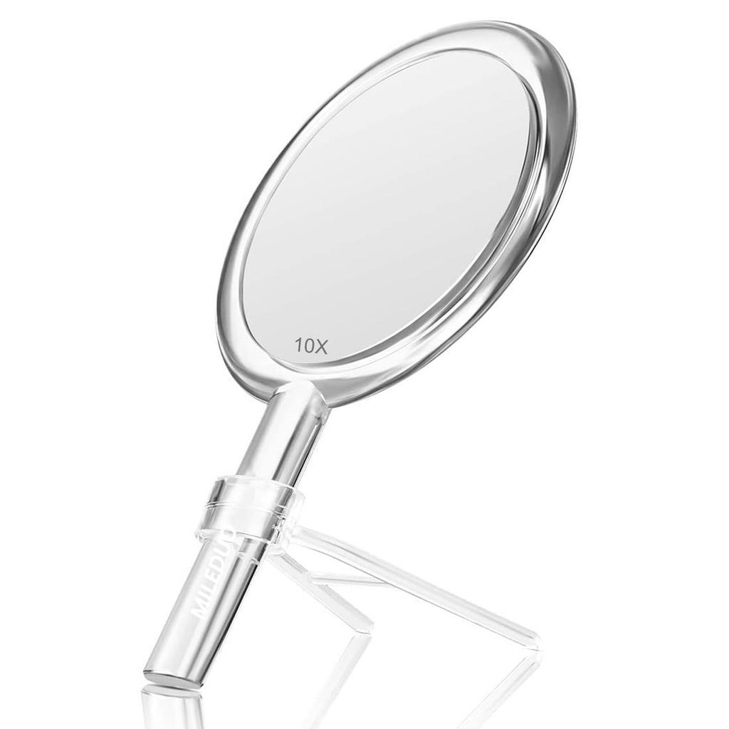 MILEDUO Handheld Makeup Mirror with 1x and 10x Tabletop Stand Round Cosmetic Clear Mirror, Double-Sided Magnification, Handle-Mounted Double-Sided