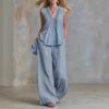 Women's Fashion Casual Solid V-Neck Ruched Loose Sleeveless Casual Wide Leg Pants Two Piece Set