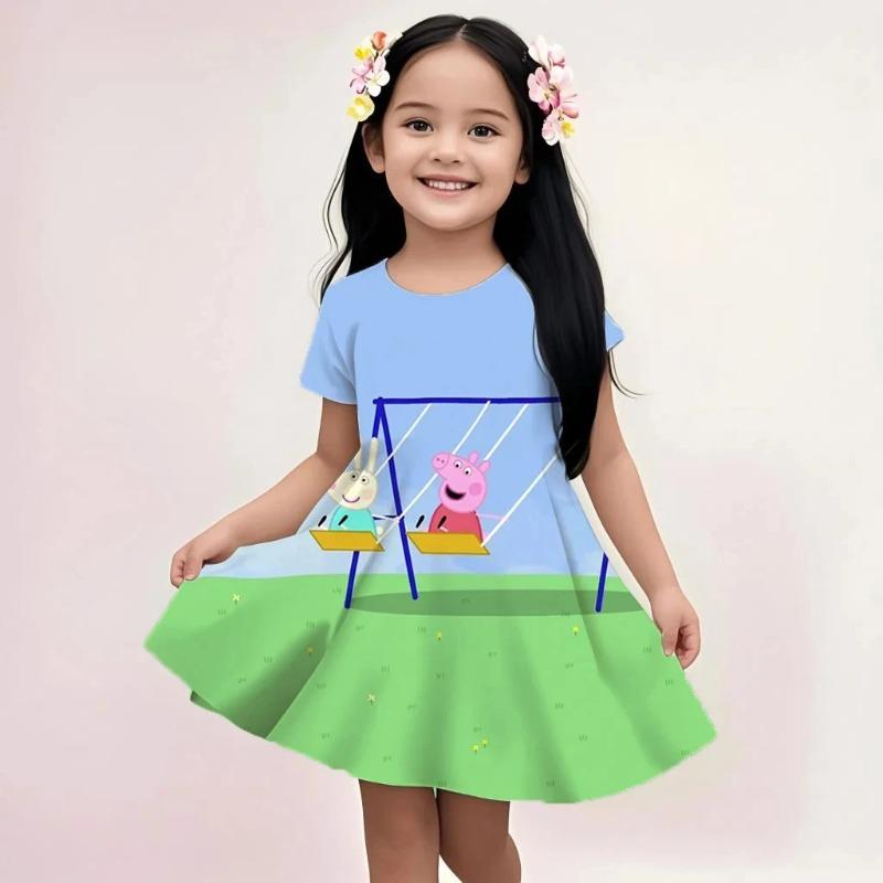 Kids Cute Peppa Pig Summer Dress Casual Loose Fit Cartoon Print Soft Breathable Lightweight Beach Holiday Sundress