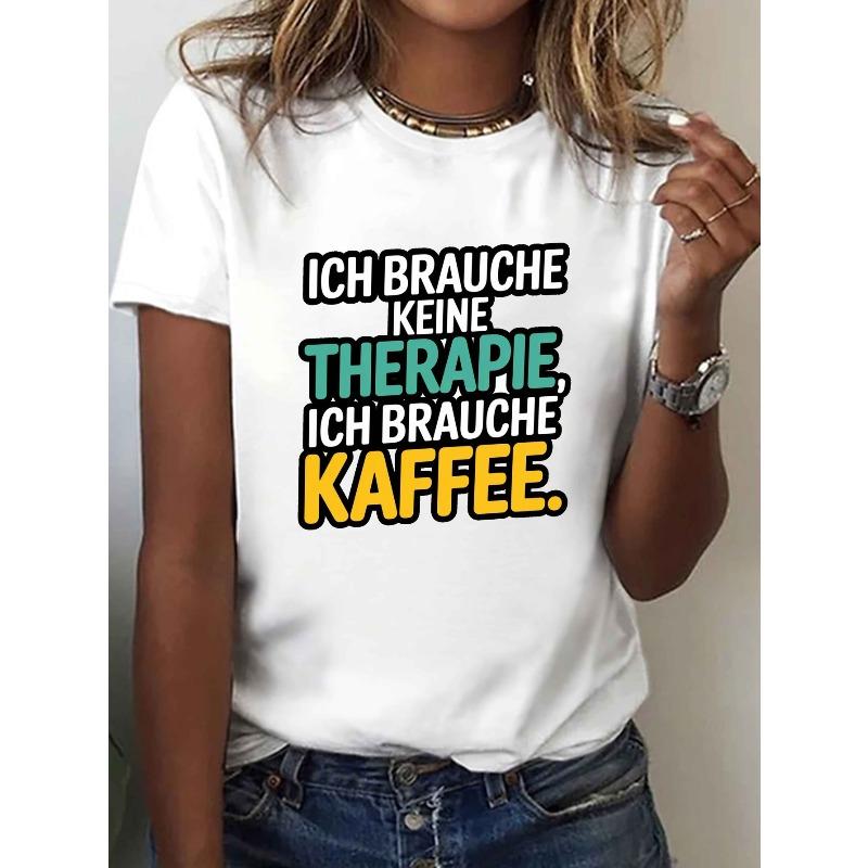 

Women s Coffee Print T-Shirt - Short Sleeve Crew Neck Casual Medium-Stretch Comfortable Fabric for Spring Summer Casual Attire, Coffee-Themed S белый