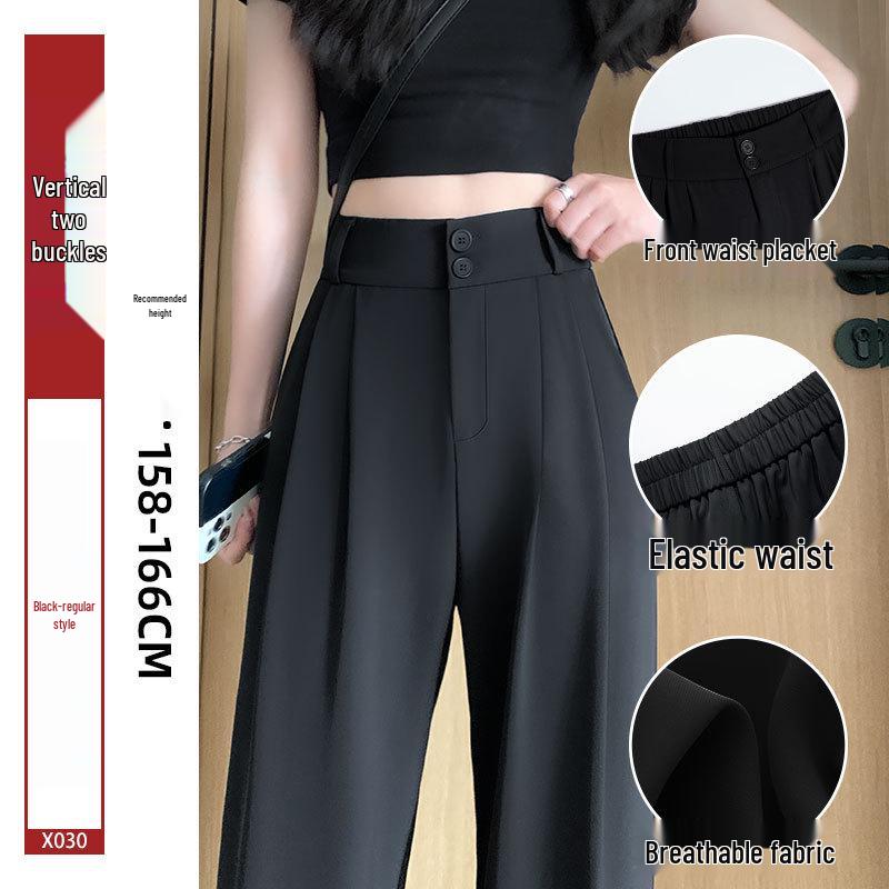 Women's High-End Black Drapey Straight-Leg Wide Suit Pants - Slimming, Casual Fit for Spring/Summer, Ideal for Pear-Shaped Bodies.