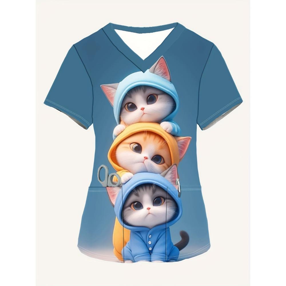 

Surgical Uniform Woman Cute Featuring Cat Heart Pattern Print T-Shirt Summer Fashion V-Neck Short Sleeve Dental Uniforms Women S