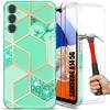 Case + 2 Tempered Glasses for Samsung Galaxy A14 4G/5G, Slim Elegant Turquoise Marble Pattern Shockproof Case