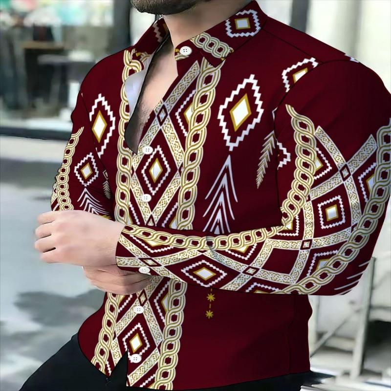 Men's Fashion Flame 3D Print Long Sleeve Shirts Turn Down Collar Button Up Party Streetwear Camisa Masculina Casual Blouse