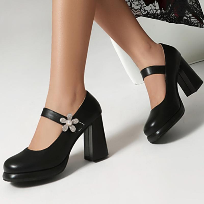 Damen High Heels Mary Janes Schuhe 2025 Mode Schwarz Weiß Blockabsatz Büro Hochzeitsschuhe Damenkleid Pumps Große Größe 45