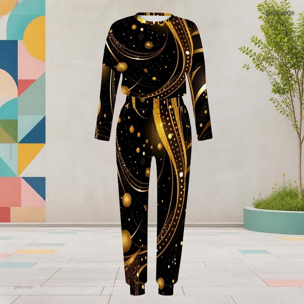 Women Plus Size Black Printed Two Piece Set Round Neck Long Sleeve Cuffed Top Cuffed Pants With Pockets