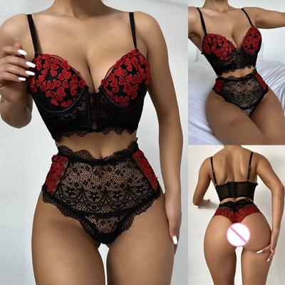 Lace Embroidered Heart Pattern Lingerie Set Adjustable Straps Front Closure Bra and High Waist Panty Two Piece Intimate Apparel for Women