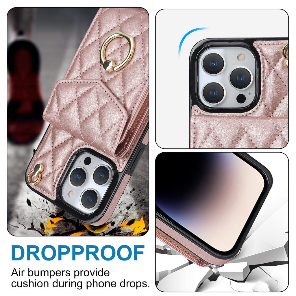 Dla iPhone 15 Pro Max Etui Blokujące RFID Wstrząsoodporne Wiele Przegródek na Karty Ring Podpórka Skórzane PU+TPU Pokrowiec na Telefon