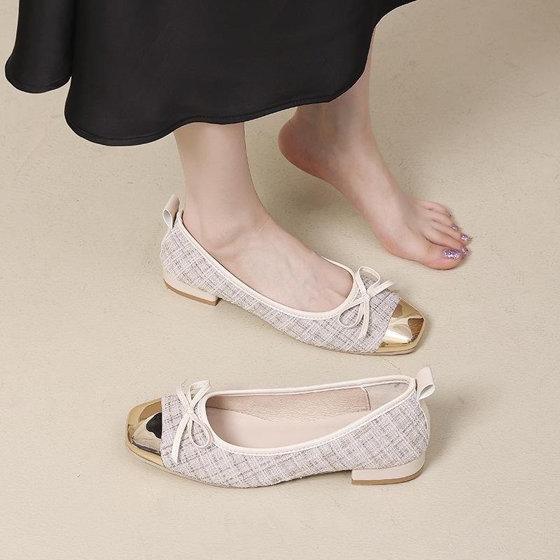 Xiaoxiangfeng Schleife flacher Ausschnitt einzelne Schuhe Damen 2025 Frühling und Sommer neue Ballerinas weiche Sohle Metall eckige Zehenkappe Flats