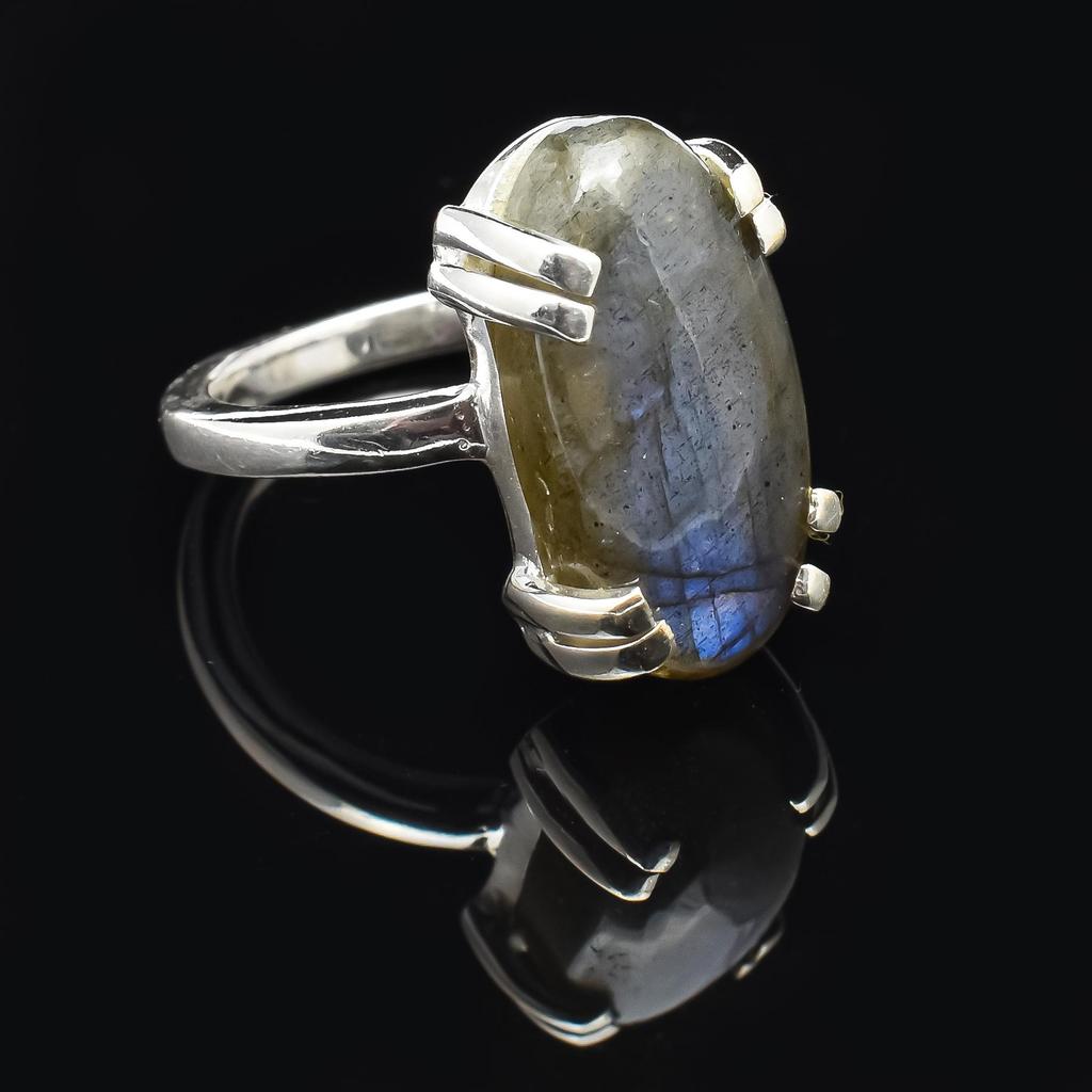 Inel de labradorit solid din argint 925, de formă ovală naturală, set de inele pentru femei și fete, mărimea de la 5 la 12