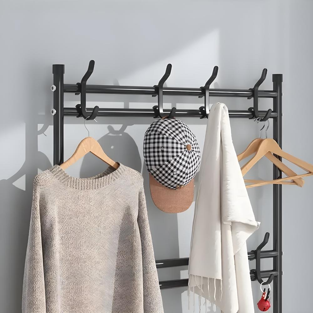 Standing clothes rack for shoes in the hallway with shelves, black, wardrobe