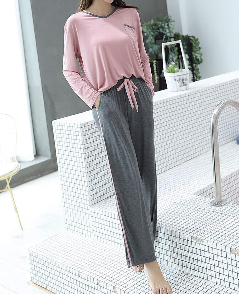 Kyonuza Long Sleeve Loose Fit Rayon Pajamas Solid and Breathable and Perfect for and and Size L Pink Women's Set, Color, Elegant, Cute, Simple,