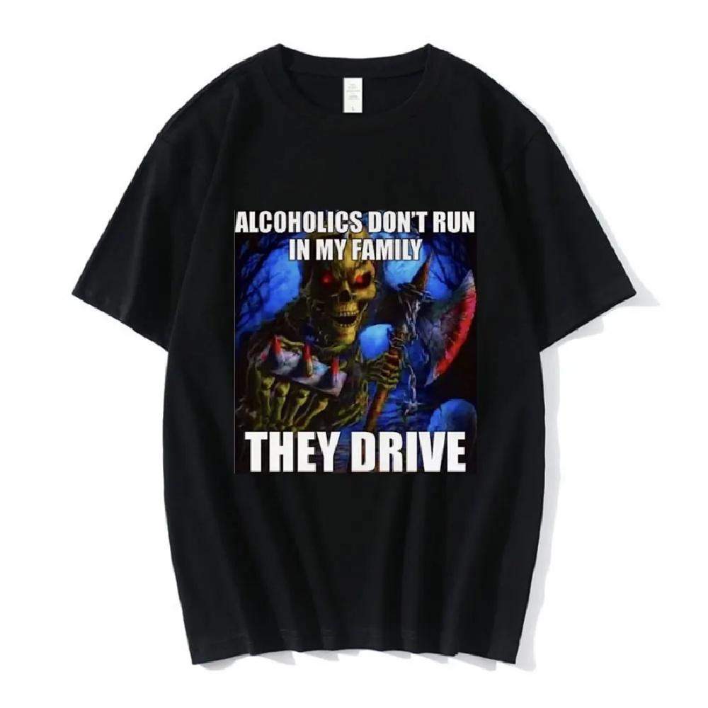 

Алкоголики в моей семье не бегают, они смешно водят. Футболка с мемом про скелета. Мужская мода, хип-хоп футболка, повседневные уютные хлопковые футболки XXXXXL чёрный