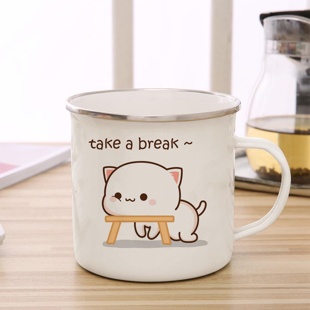 Peach and Goma Cat Enamel Coffee Tea Cup Cute Animal Breakfast Dessert Milk Water Cup Couple Gift