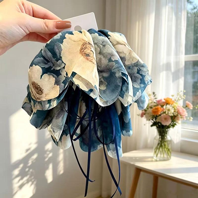 Handmade Chiffon Floral Bow Ponytail Clip for Voluminous Hair