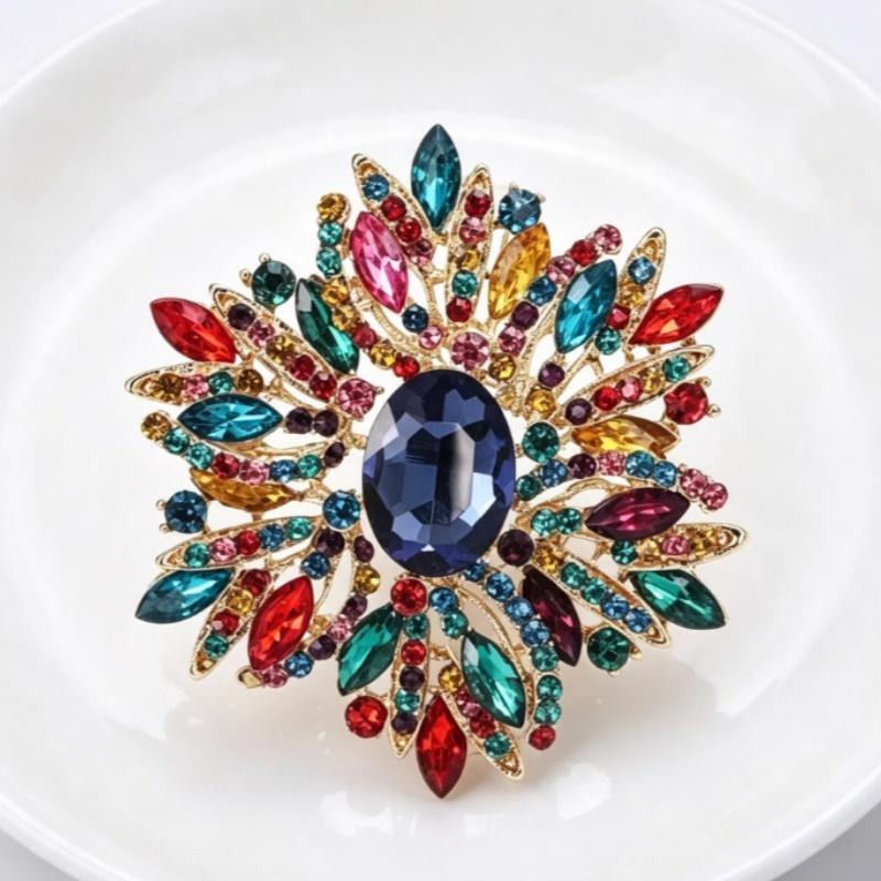 Multicolor Rhinestone Flower Brooch Shiny Crystals Gold Plated Frame For Wedding Party Formal Outfit Accessories