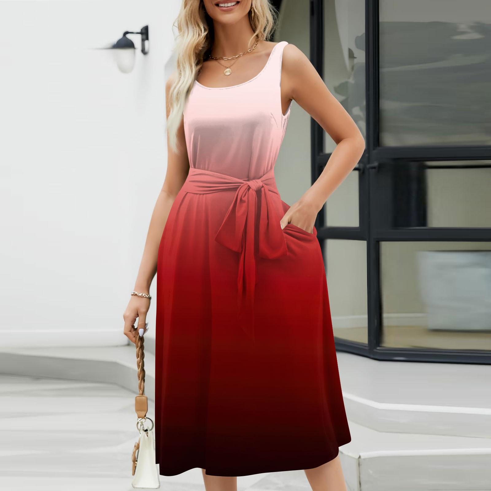 

Летние платья для женщин 2024, пляжные свободные с круглым вырезом, без рукавов, миди-трапеции, распашное платье, сарафаны с карманами L винный